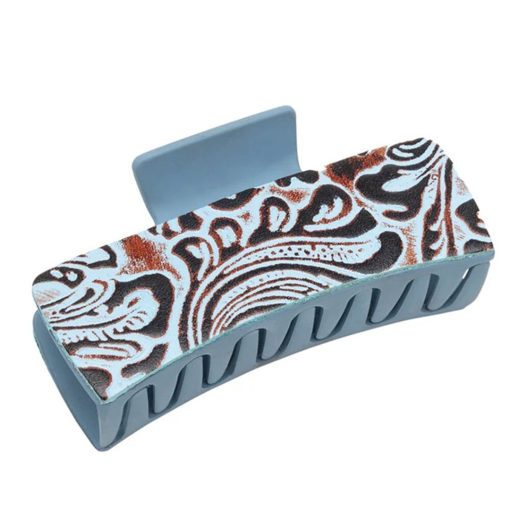 Myra Small Hair Comb Clip with Turquoise Hand-Tooled Embossed Leather - NWT - Picture 3 of 4